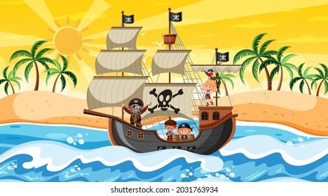 Beach at sunset time scene with pirate kids cartoon character on the ship  illustration
