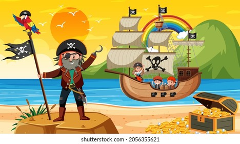 Beach at sunset time scene with pirate kids cartoon character on the ship  illustration