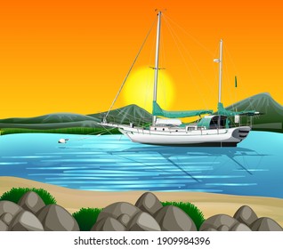 Beach at sunset time scene with ship in the sea illustration