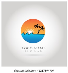 Beach, Sunset, Travel, Holiday & Ocean Logo. Symbol & Icon Vector Template.