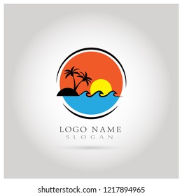 Beach, Sunset, Travel, Holiday & Ocean Logo. Symbol & Icon Vector Template.