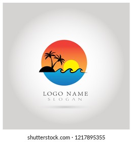 Beach, Sunset, Travel, Holiday & Ocean Logo. Symbol & Icon Vector Template.