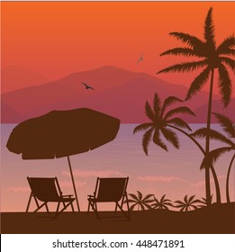 Beach Sunset Two Chair Palm Tree And Umbrella Silhouette 