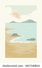 Beach in sunset with two mountainn, clouds and sunlight in portrait. Vector illustration, printable.