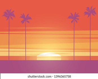 Beach sunset vector concept with palm trees. Symbol of summer holiday, vacation, recreation, relaxation. Seascape and tourism poster. Eps10 illustration.