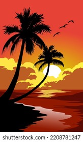 Ilustración vectorial de la puesta de sol en la playa con cielo naranja. Fondo de naturaleza del vector