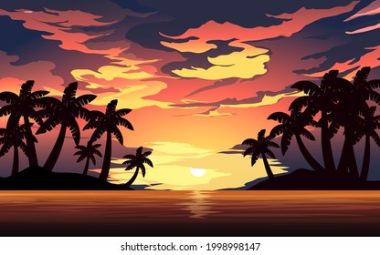 Beach sunset vector illustration. Vector summer landscape