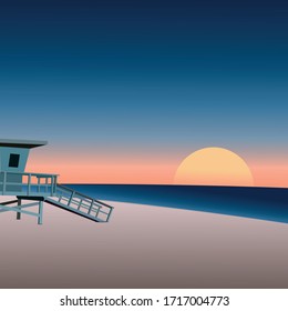 Vector de ilustración de vista de puesta de sol de playa