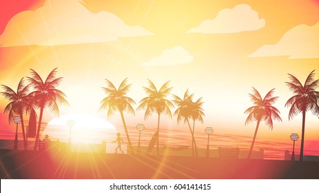 Beach Sunset Walkway with Man Sitting in the Foreground and Palm Trees - Vector Illustration