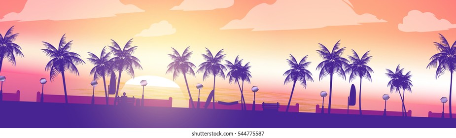 Beach Sunset Walkway Palm Trees Panorama - Ilustración vectorial