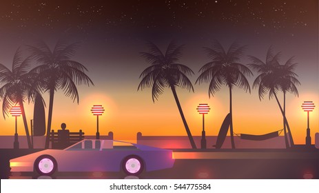 Beach Sunset Walkway With Sport Car Speeding Away - Vector Illustration