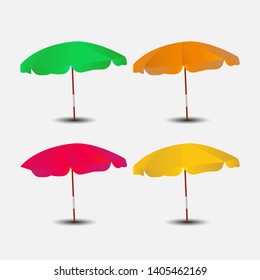 Beach sunshades vector illustration isolated on white background. Multicolor beach umbrellas set can be used for topics as travel, holiday, summer, vacation, beach, sea. Eps 10 vector illustration