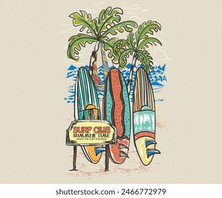 Beach surf club t-shirt design. Palm beach artwork.