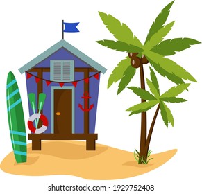 Casa de surf en la playa. Hora de verano para unas vacaciones junto al mar. Ilustración vectorial para uso en impresiones, carteles, volantes e invitaciones, promociones de descuento, logotipos e iconos.