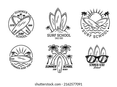 Beach Surf School Signs Thin Line Black Badges Icons Set. Vector illustration of Icon Badge Label