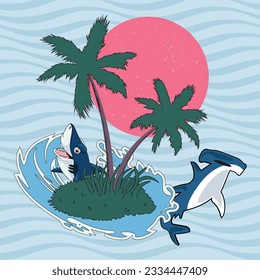 Beach and surf tropical island beach with shark swimming.