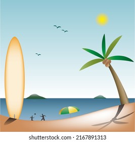 beach with surfboard and coconut tree
