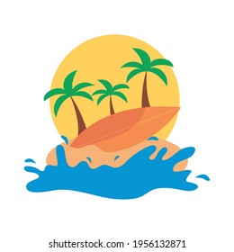 beach with surfboard and palms