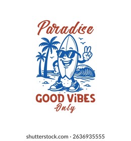 Beach surfboard retro character, summer beach surfboard t shirt design