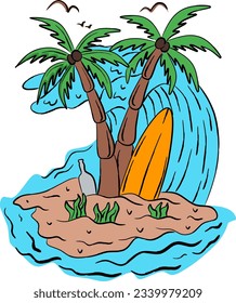 Beach with surfboard for t-shirt design