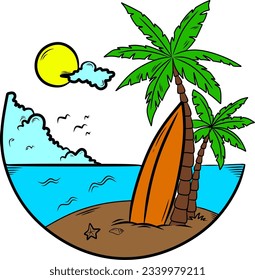 Beach with surfboard for t-shirt design