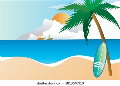 Beach with surfboards Clear sky EPS10