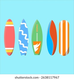 Beach surfboards with unique shapes and models,
bright and vibrant color combinations,
flat art design style.