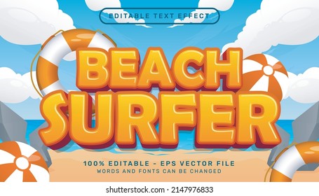 beach surfer 3d text effect and editable text effect with beach background illustration