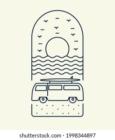 beach and surfer car design in mono line art, patch badge design, emblem design, T-Shirt Design