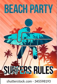Beach surfers party vector poster template