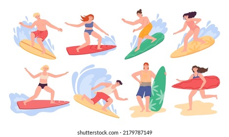 Beach Surfers. People Swim In Waves, Men And Women Person In Summer Water, Boy And Girl Ride In Sea, Cute Colourful Activity Characters. Happy Guy On Surfboard, Cartoon Flat Vector Set