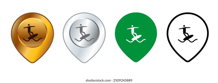 Beach surfing location destination tourism surf navigation symbol route map pin pointer mark design set collection icons