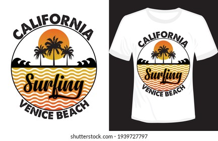 Beach Surfing mit Palmen Vektorgrafik Vintage T-Shirt-Design, California Venice Surfing T-Shirt Design