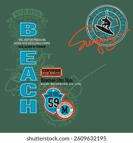 Beach surfing sport typography slogan. Vector illustrations for printed t-shirts, screen printing