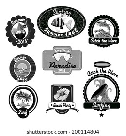 Beach surfing summer black emblems set isolated vector illustration