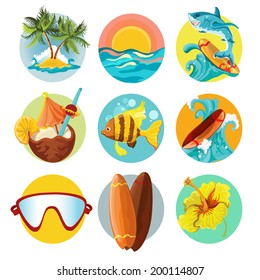 Beach surfing summer decorative  icons set isolated vector illustration