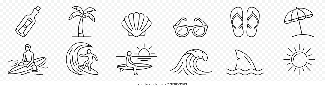 Beach and surfing summer line icon set – editable outline symbols of surfer, wave, palm tree, seashell, sunglasses, flip flops, shark, sun and tropical vacation elements