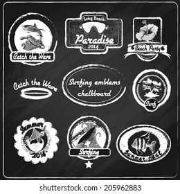 Beach surfing summer beach party chalkboard emblems set isolated vector illustration