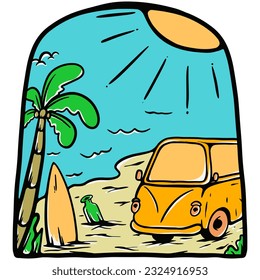 Beach surfing van wave illustration vector by mbelebeer