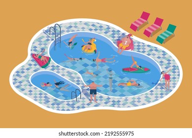 Beach Swimming Pool. Summer Holiday. People Diving Or Lying On Inflatable Mattresses. Ocean Shore Sand. Tourist Resort. Persons Play With Kids In Water. Yoga On Surfboard. Vector Concept