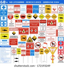 Beach And Swimming Pool Warning Signs. Vector