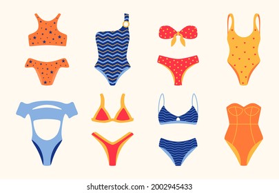 Beach swimsuit. Cartoon fashion bikini swimwear collection, women brassiere underwear elegant doodle set. Vector clothing