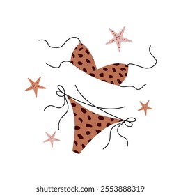 Beach swimsuit decorated with shells and starfish. Perfect for summer holidays. Vector art on white background