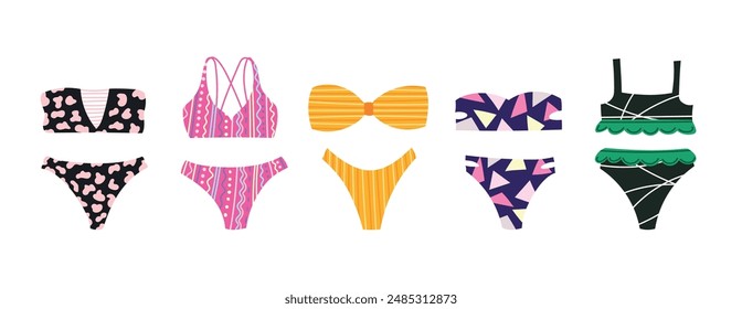 Beach swimsuit set. Swimming wear vector set. Bikini swimsuits summer vacation clothing fashion. Stylish set women's swimwear isolated on white background. Fashionable swimsuits.