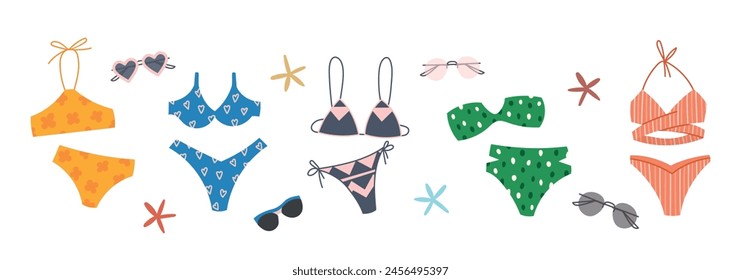 Beach swimsuit with sunglasses. Bikini swimsuits summer vacation clothing fashion. Swimming wear vector set. Stylish set women's swimwear isolated on white background. Fashionable swimsuits.