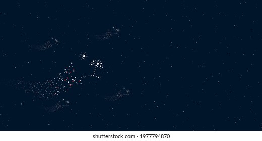 A beach symbol filled with dots flies through the stars leaving a trail behind. Four small symbols around. Empty space for text on the right. Vector illustration on dark blue background with stars