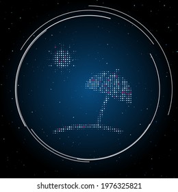 The beach symbol filled with white dots. Pointillism style. Some dots is pink. Vector illustration on blue background with stars