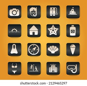 Beach symbols on black buttons on yellow background