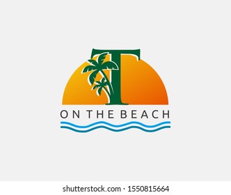 Beach T Letter Icon. Sunset and Palm Tree Letter T Logo Icon. Perfect for surfing shop, sport, Tour and Travel. Initial T with sea wave and palm tree.