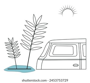 Beach table and view continuous one line drawing of outline vector illustration